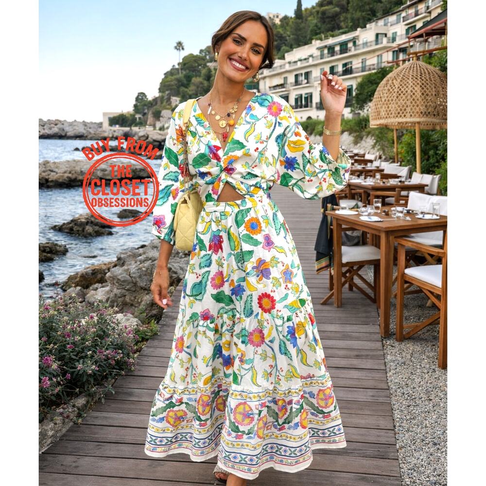 Zara Floral Linen Blend Boho Maxi Dress Cut Out Resort Vacation Size S NWT - Picture 2 of 16